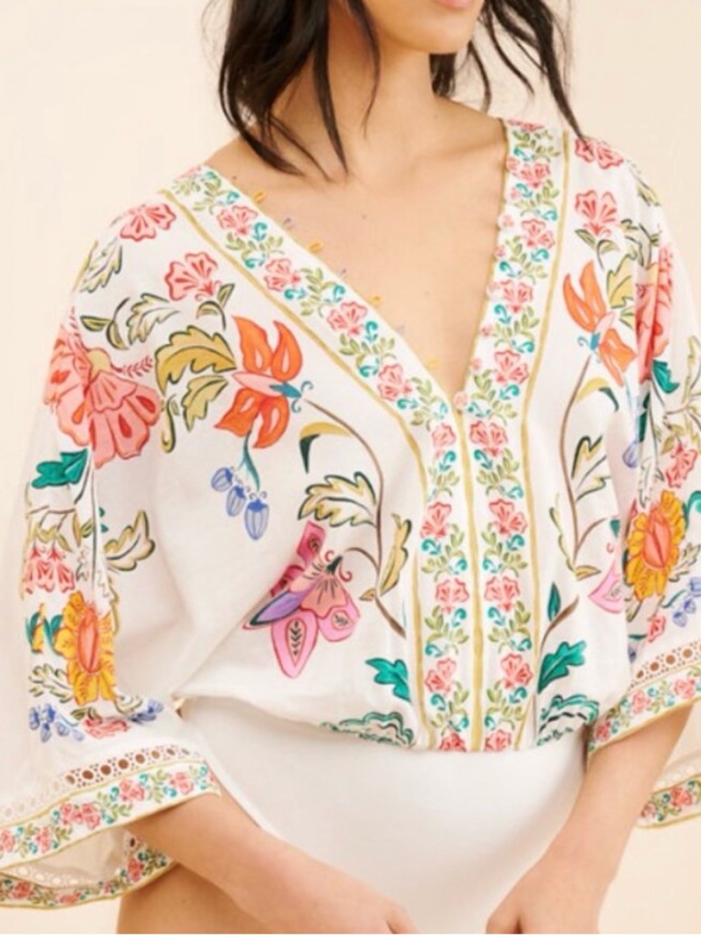 NWOT FARM Rio White Floral Embroidered V-Neck Blouse/Bodysuit